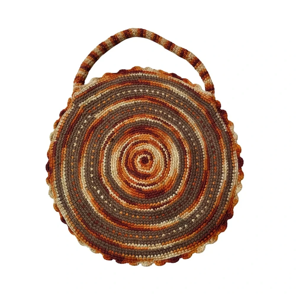 Vintage Handmade Crochet Circle Bag Orange Brown Spiral Round Tote Boho Lined G1